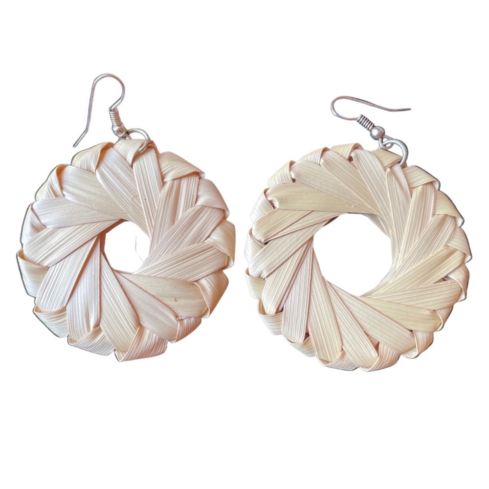 Handmade woven palm leaf 2 inch circle earrings